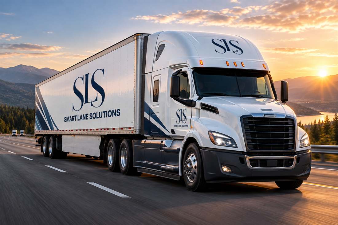 A white Smart Lane Solutions tractor and dry van in navy livery on a mountain highway at sunset.